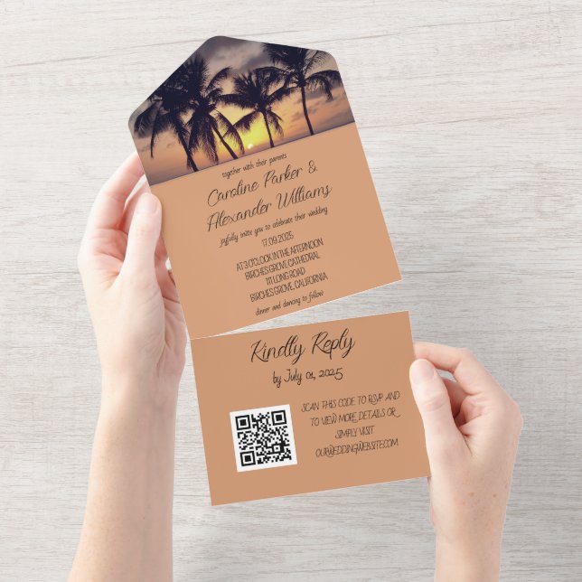 Invitation Tout En Un Code RSVP QR de destination de plage tropicale élé (Déchirure)