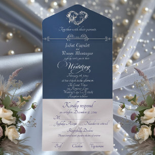 Invitation Tout En Un Cœur romantique & Calligraphie - Bleu/Argent