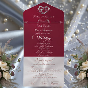 Invitation Tout En Un Cœur Romantique & Calligraphie - Bourgogne/Argent