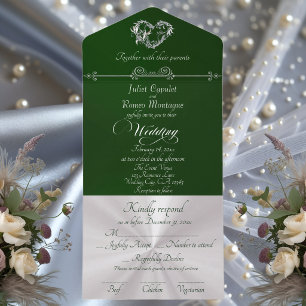 Invitation Tout En Un Cœur romantique & Calligraphie - Émeraude/Argent