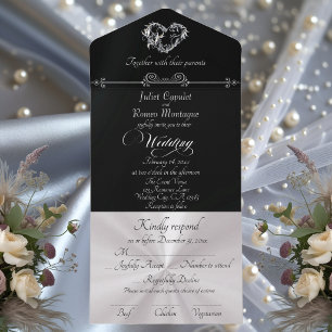 Invitation Tout En Un Cœur romantique & Calligraphie - Noir/Argent