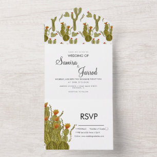 Invitation Tout En Un Cœurs de cactus aquarelle peints à la main Mariage