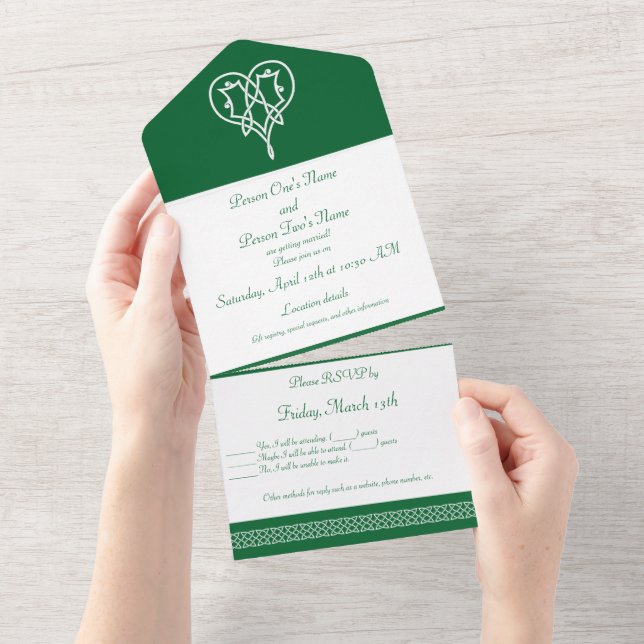 Invitation Tout En Un Coeurs de tissage celtique en vert (Déchirure)