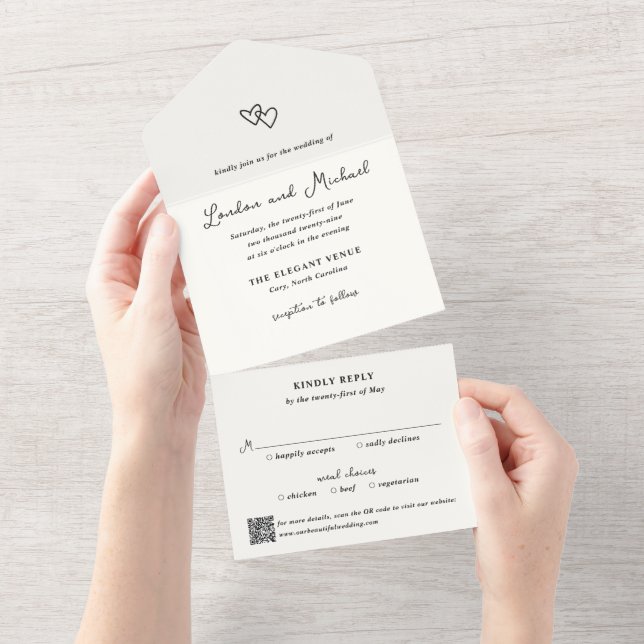 Invitation Tout En Un Cœurs dessinés à la main Code QR Moderne Mariage (Déchirure)