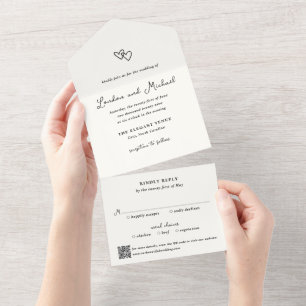 Invitation Tout En Un Cœurs dessinés à la main Code QR Moderne Mariage