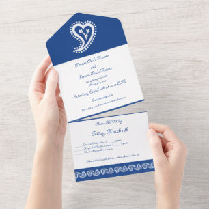 Invitation Tout En Un Cœurs Paisley Sucrés en Bleu