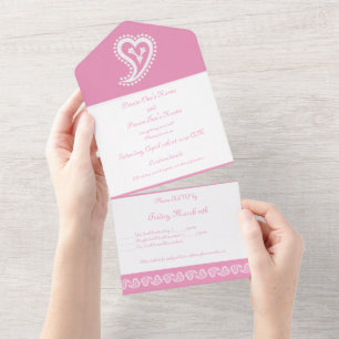 Invitation Tout En Un Cœurs Paisley Sucrés en Rose Pétale