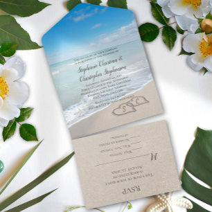 Invitation Tout En Un Coeurs pittoresques dans le Sand Beach Mariage Tou