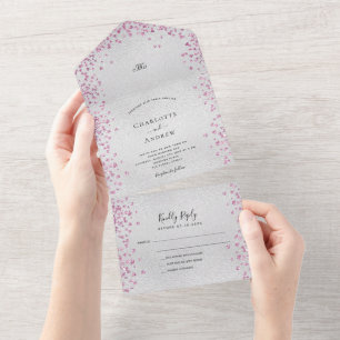 Invitation Tout En Un Coeurs rose argent mariage élégant