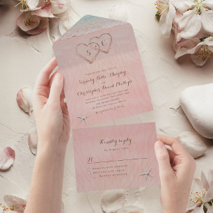 Invitation Tout En Un Coeurs roses dans le mariage plage de destination