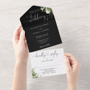 Invitation Tout En Un Coeurs Script Verdure Mariage noir et blanc