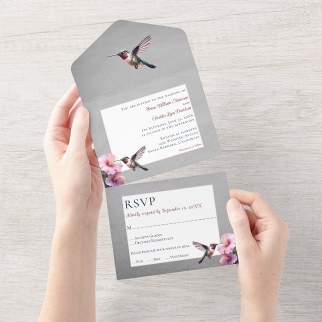 Invitation Tout En Un Colibri et Hibiscus | Mariage gris (Déchirure)