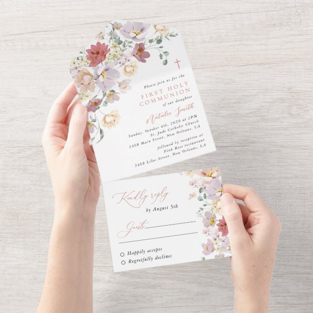 Invitation Tout En Un Colorful Flowers, Wildflowers, First Communion (Déchirure)