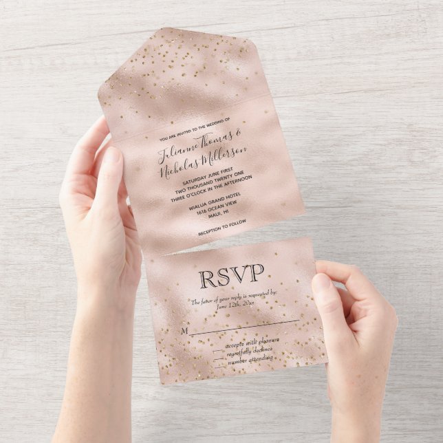 Invitation Tout En Un Confettis Rose Pâle Or   (Déchirure)