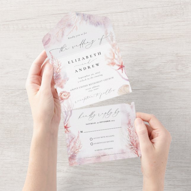 Invitation Tout En Un Coquillages romantiques Coraux Mariage de vie sous (Déchirure)