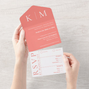 Invitation Tout En Un Corail rose et Monogramme blanc-Moderne-Mariage-