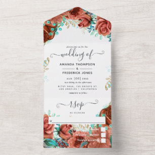 Invitation Tout En Un Corail vivant et aquarelle Turquoise Floral Mariag