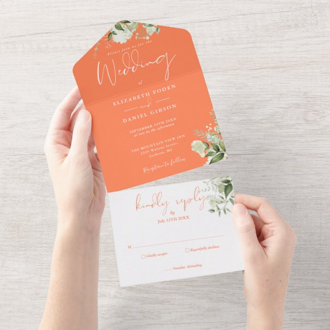 Invitation Tout En Un Coral Greenery Floral Monogramme Mariage (Déchirure)