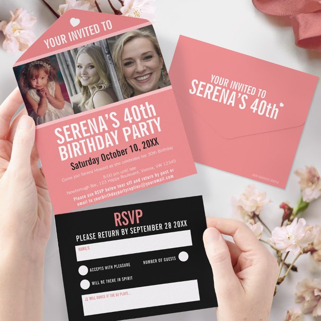 Invitation Tout En Un Coral noir trois photos 40e fête d'anniversaire (Créateur téléchargé)