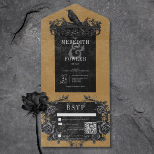 Invitation Tout En Un Corbeau noir gothique et noir Rose or QR Code