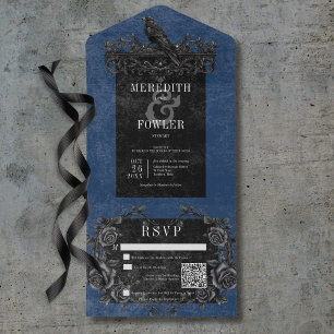 Invitation Tout En Un Corbeau noir gothique et Rose noir bleu QR Code