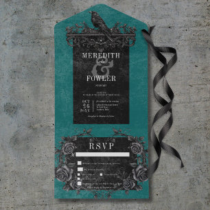 Invitation Tout En Un Corbeau noir gothique et Rose noir Turquoise 3 dîn