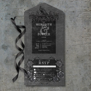 Invitation Tout En Un Corbeau noir gothique et Roses noirs Trois dîners