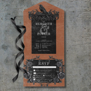 Invitation Tout En Un Corbeau noir gothique et rouille noire Rose Trois