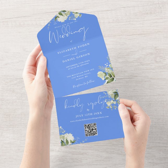 Invitation Tout En Un Cornflower Blue Greenery QR Code Monogramme Mariag (Déchirure)