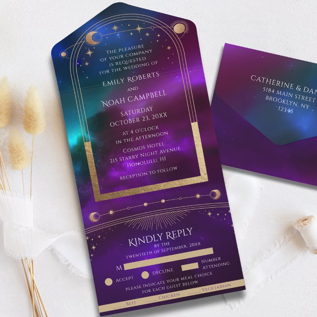 Invitation Tout En Un Cosmic Purple Turquoise or Sun Moon Mariage d'astr (Créateur téléchargé)