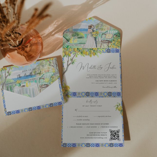 Invitation Tout En Un Côte d'Amalfi | Mariage Carreaux méditerranéens (Créateur téléchargé)