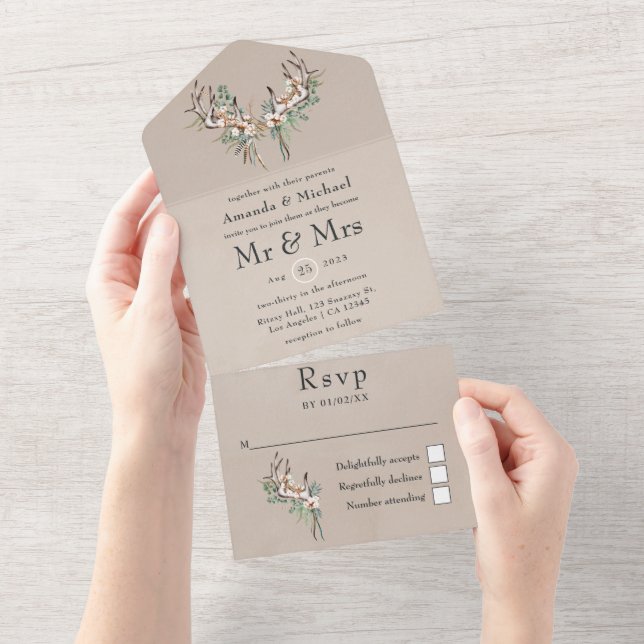 Invitation Tout En Un Coton de Boho et Mariage d'Eucalyptus (Déchirure)