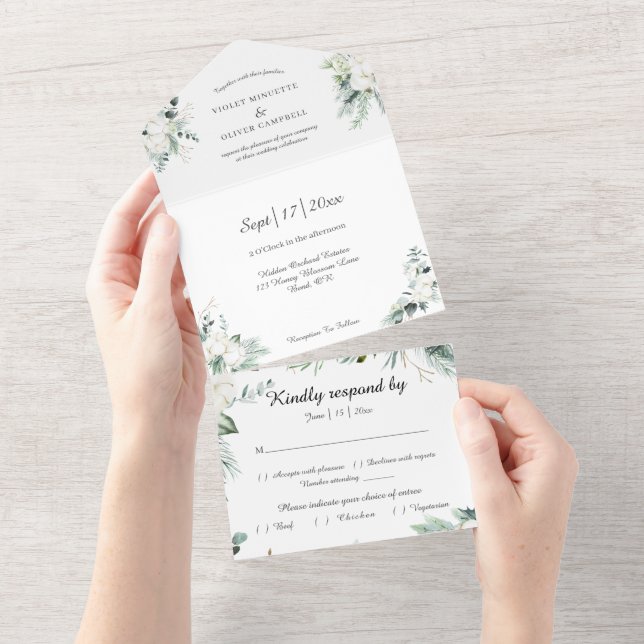 Invitation Tout En Un Coton d'Eucalyptus | Blanc moderne blanc RSVP (Déchirure)