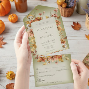 Invitation Tout En Un Cottage rustique Coeur automne Fleur sauvage vert