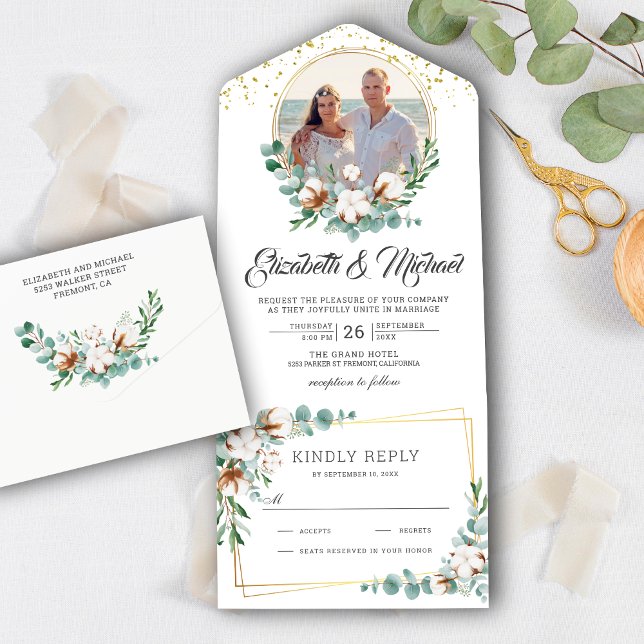 Invitation Tout En Un Cotton Eucalyptus Leaves Gold Frame Photo Wedding (Créateur téléchargé)
