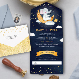 Invitation Tout En Un Couché de Lune Étoiles Éléphant Bleu Marine Baby S