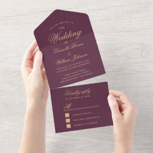 Invitation Tout En Un Couleur vin mariage Golden Elegant Script RSVP