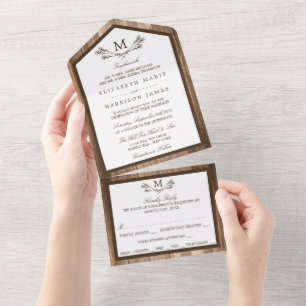 Invitation Tout En Un Country Rustic Monogram Branche & Mariage bois