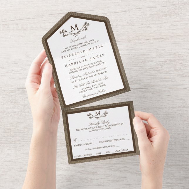 Invitation Tout En Un Country Rustic Monogramme Branche & Mariage Burlap (Déchirure)