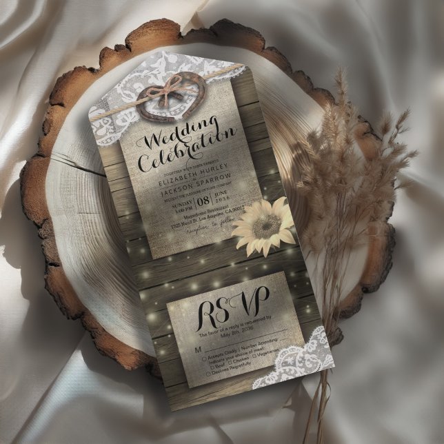 Invitation Tout En Un Couple Horseshoe Dentelle Bois Sunflower Mariage R (Créateur téléchargé)