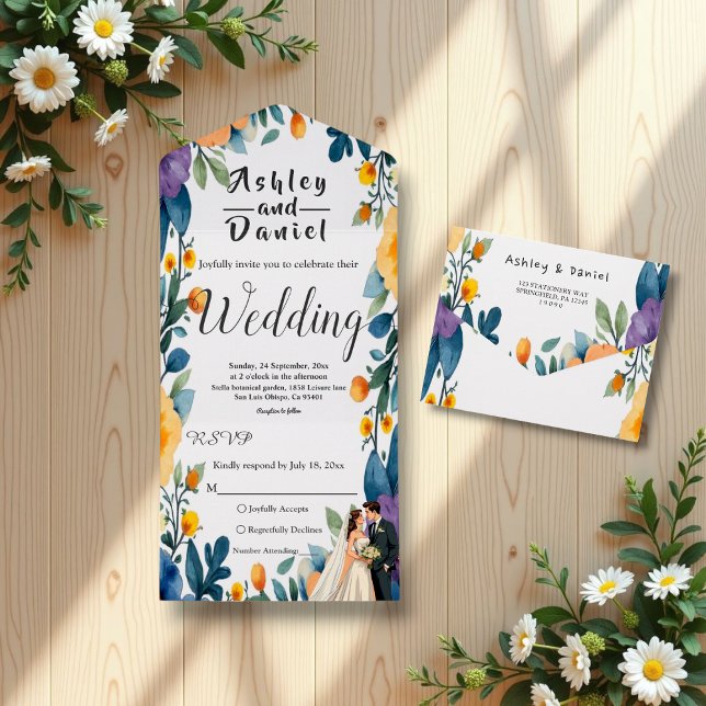 Invitation Tout En Un Couple romantique Aquarelle Florale Mariage été (Créateur téléchargé)