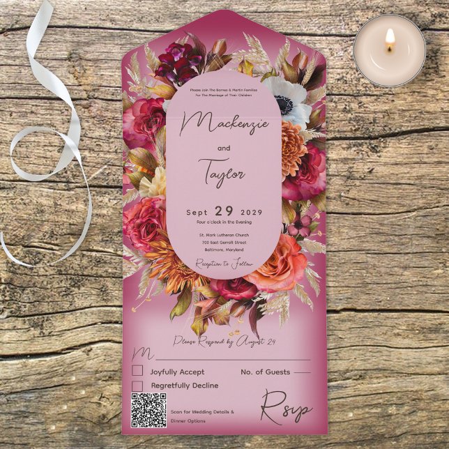 Invitation Tout En Un Couronne de fleurs moderne rose fuchsia boho Code  (Créateur téléchargé)