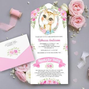 Invitation Tout En Un Couronne de fleurs roses Baby Shower Girafe