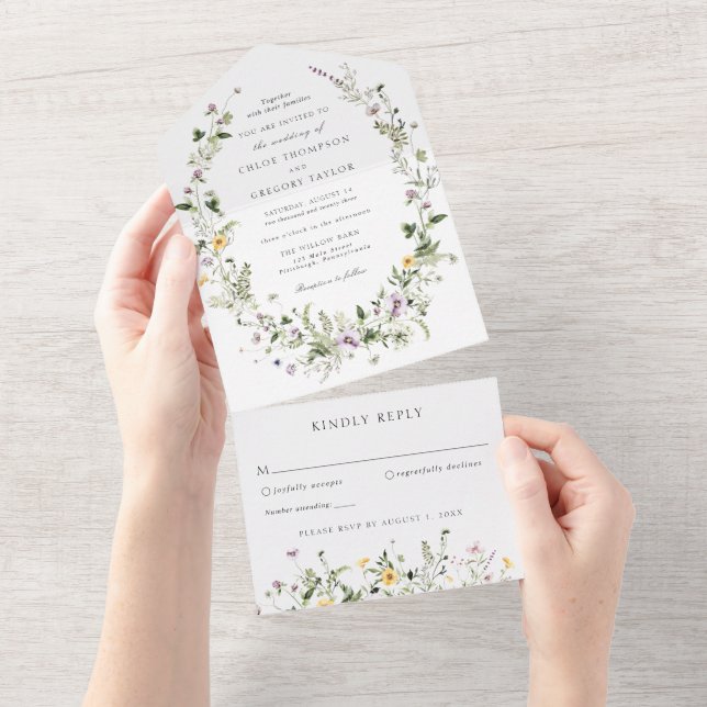Invitation Tout En Un Couronne de fleurs sauvages simple pour mariage  (Déchirure)