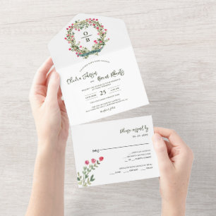 Invitation Tout En Un Couronne de jardin de mariage florale à l'aquarell