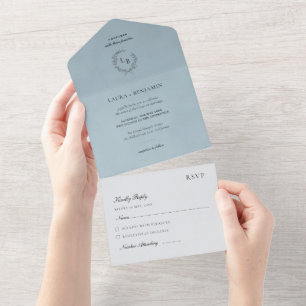 Invitation Tout En Un Couronne de laurier en velours bleu mariage minima