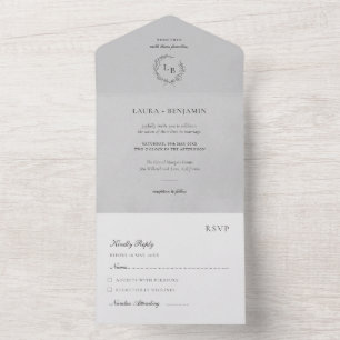 Invitation Tout En Un Couronne de laurier en velours gris mariage minima