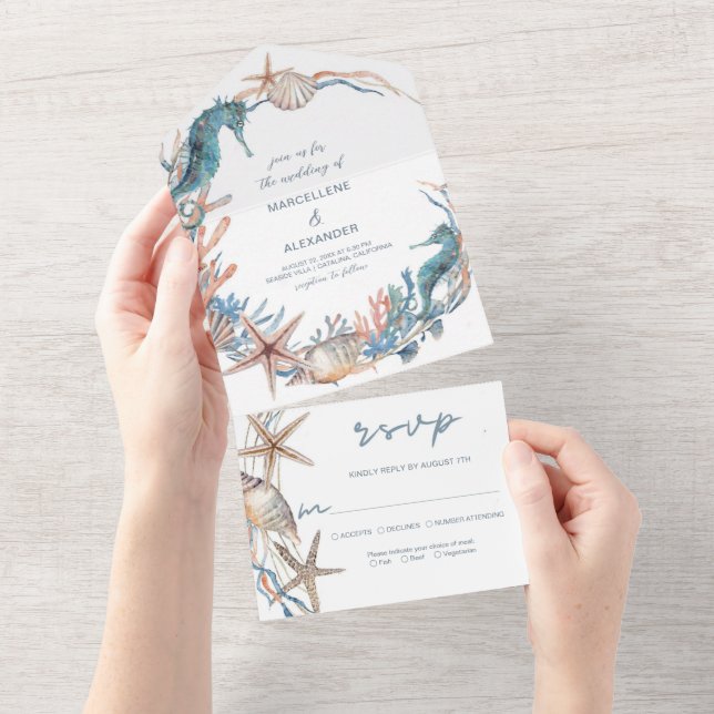 Invitation Tout En Un Couronne de mer | Hippocampe et plage de coquillag (Déchirure)