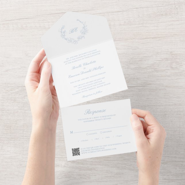 Invitation Tout En Un Couronne de monogramme de code QR de mariage éléga (Déchirure)