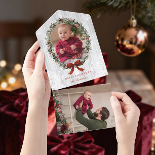 Invitation Tout En Un Couronne de Noël élégante avec photo de nœud burgu